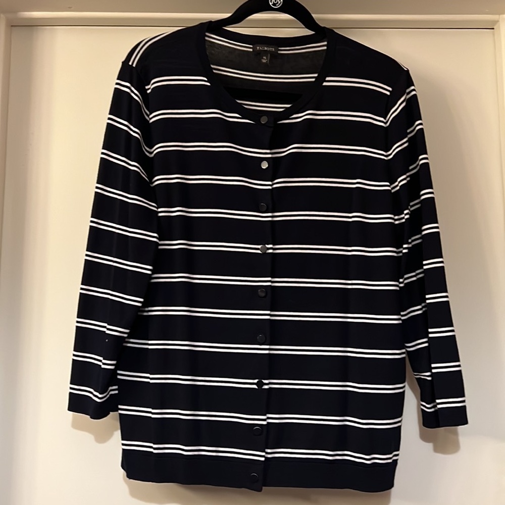 Talbots XL Navy and White Striped Cardigan Sweater